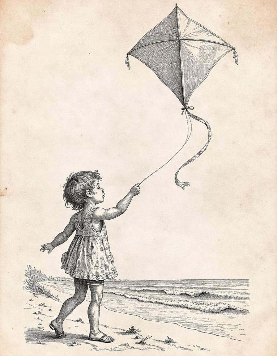 anatomica A engraving style image of a child flying a kite on a windy beach on Tensor.Art