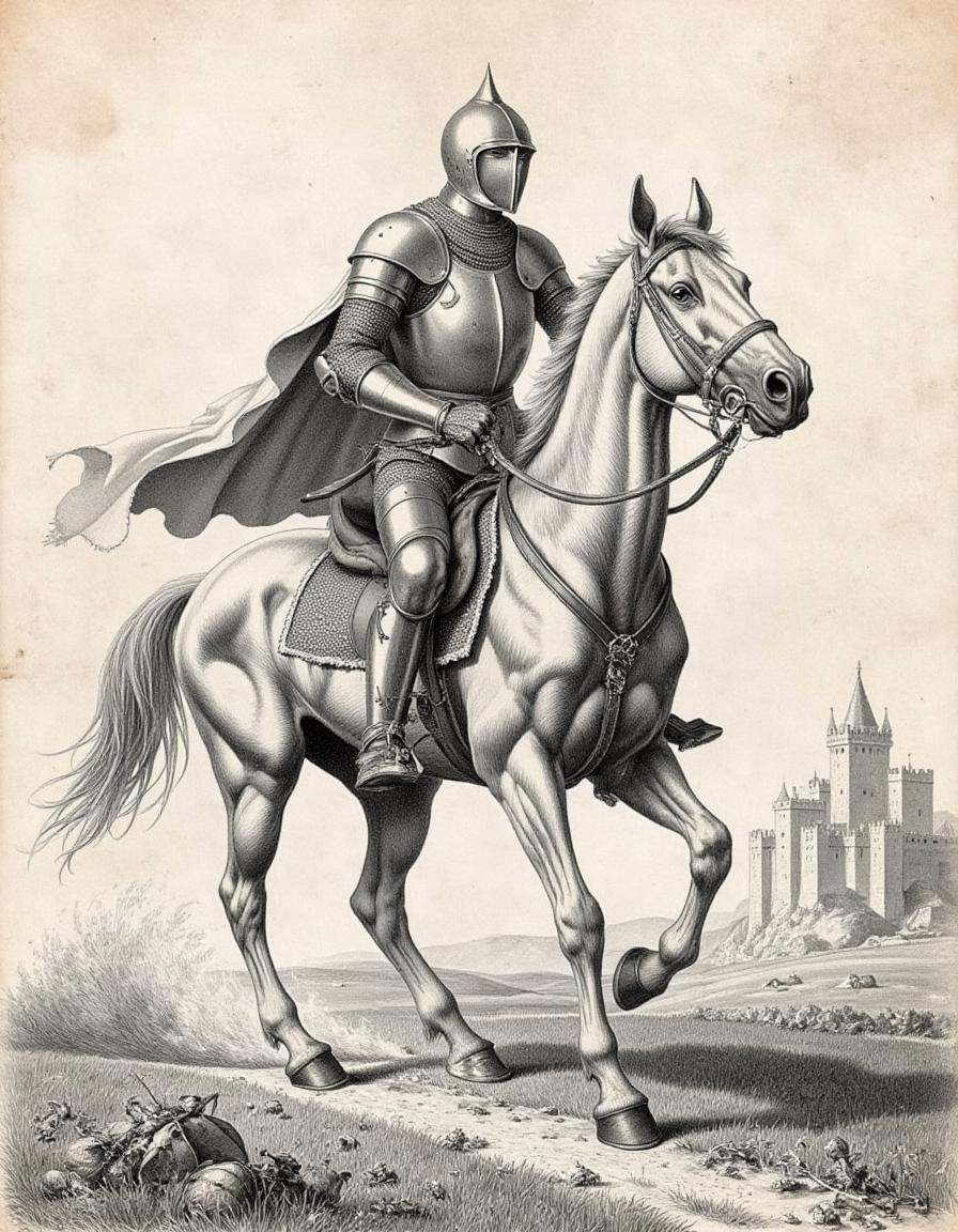 An engraving of a knight on horseback charging across an open field,  armor glinting in the sunlight. The horse kicks up d...