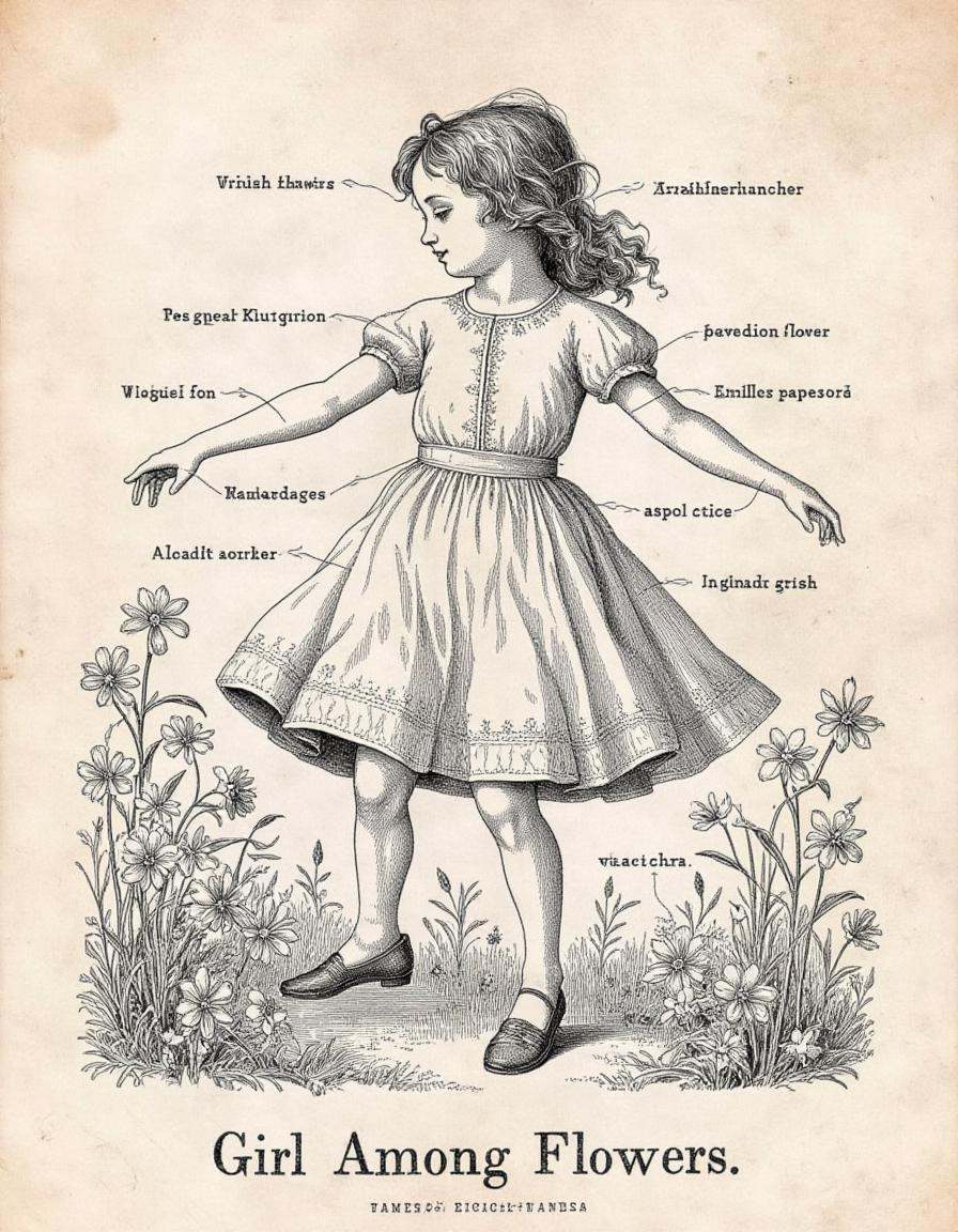 anatomica a girl dancing through a field of flowers. The illustration has labels for the flowers and the girls cothes with...