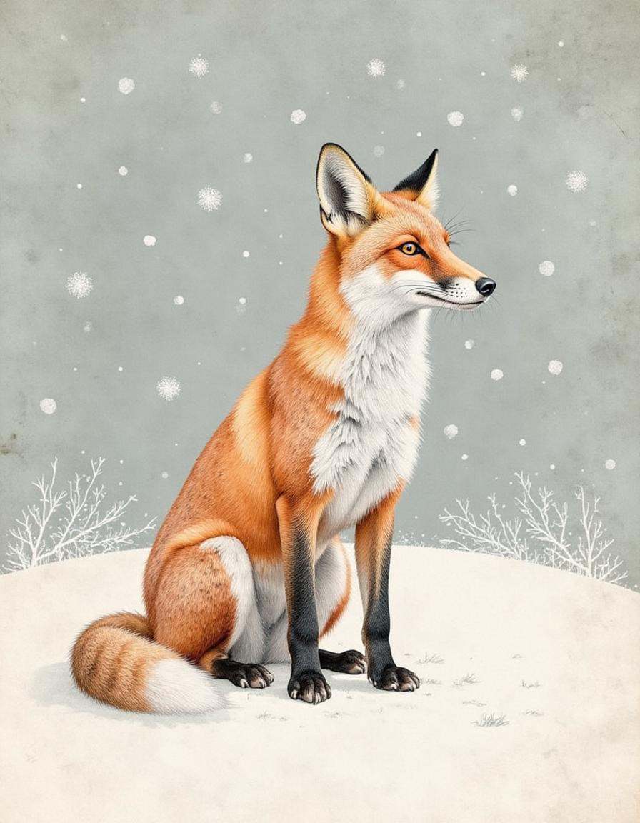 An illustration of a fox standing still in a snowy field,  ears perked,  listening for the slightest sound. Snowflakes gen...