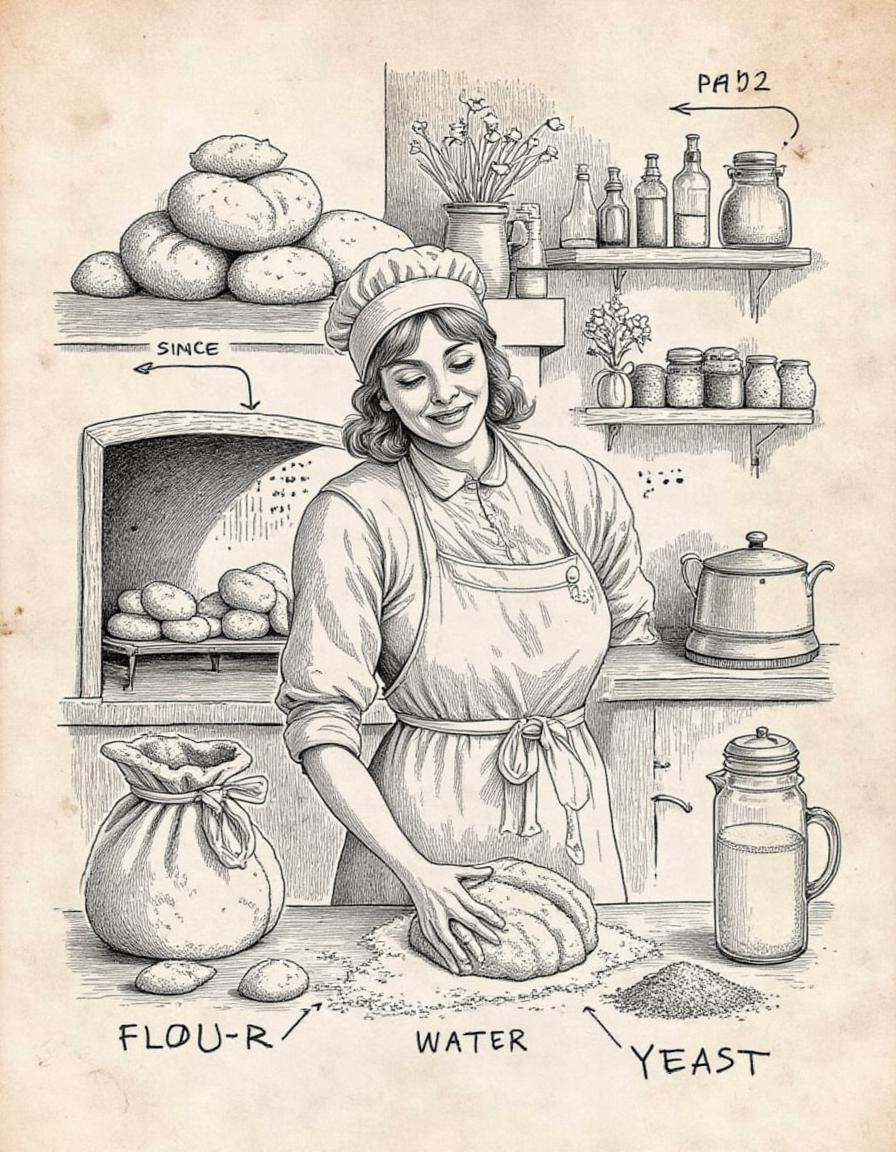 A drawing of a baker kneading dough in a cozy kitchen,  surrounded by bags of flour and jars of spices. The scent of fresh...
