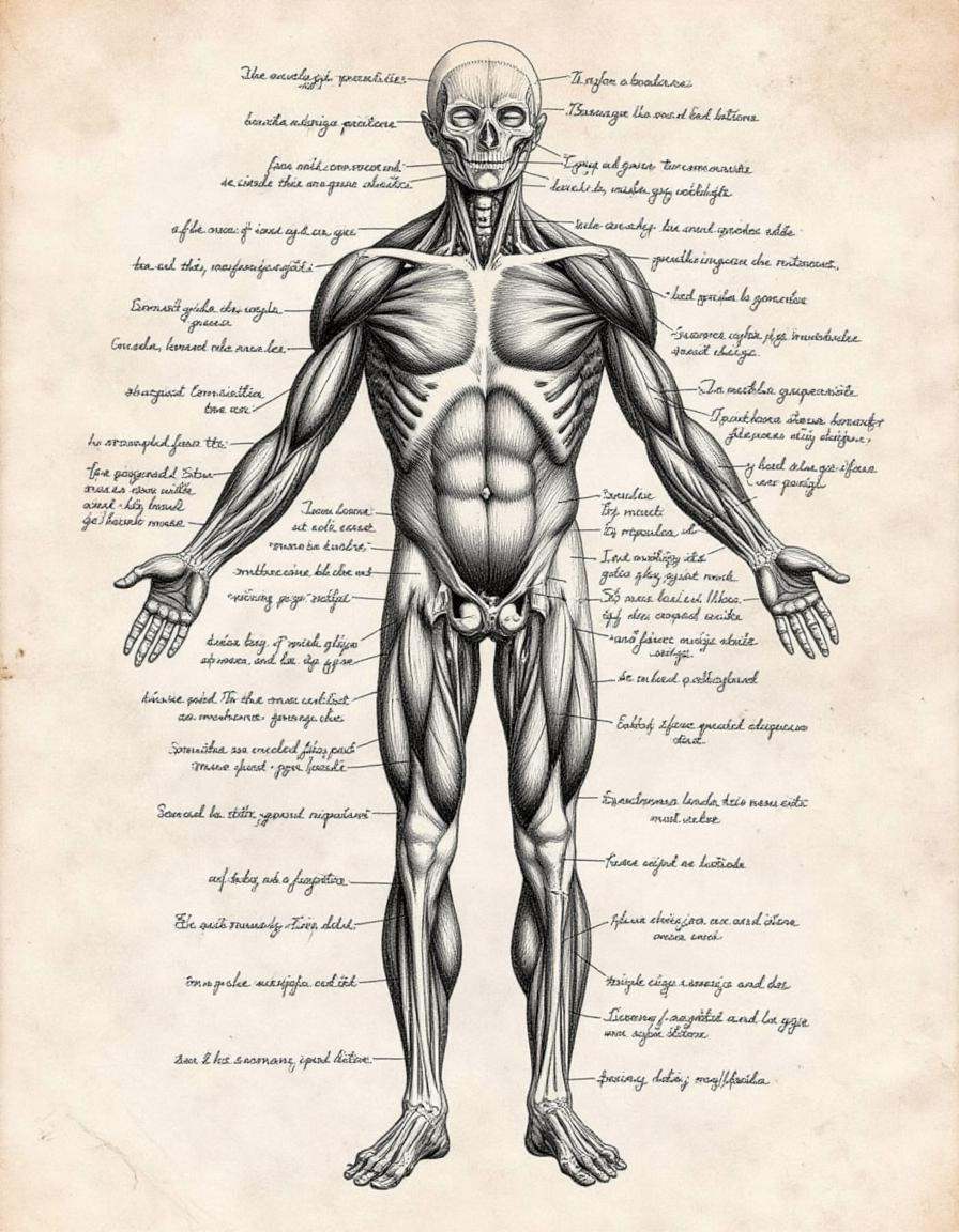 A drawing of a human body that shows the muscles with tons of handwritten notes in the margins that describe the anatomy a...