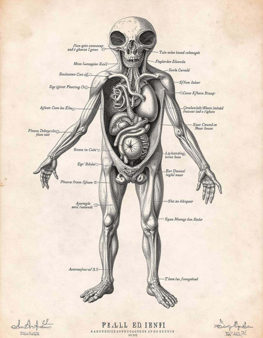 An engraving of an alien anatomical study. The alien is cut open,  revealing its strange and unusual organs. There are lab...