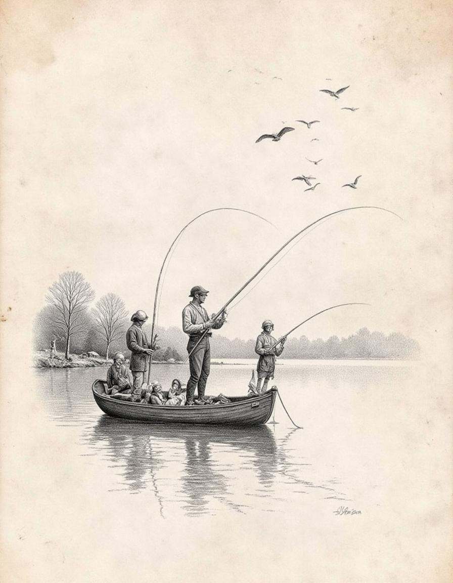 A drawing of a group of fishermen casting their lines from a small wooden boat on a calm lake. The early morning mist rise...