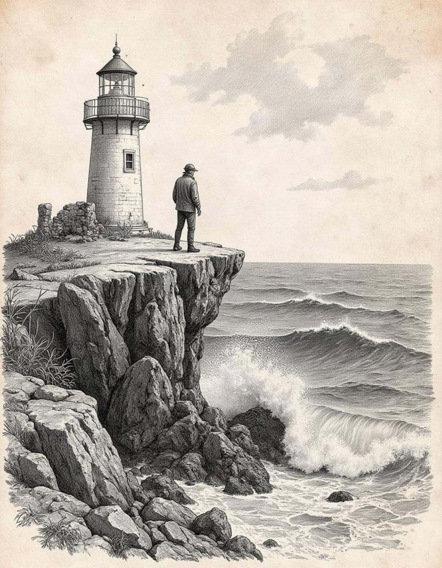 A drawing of a lighthouse keeper standing on a rocky cliff,  gazing out over the stormy sea. Waves crash against the rocks...
