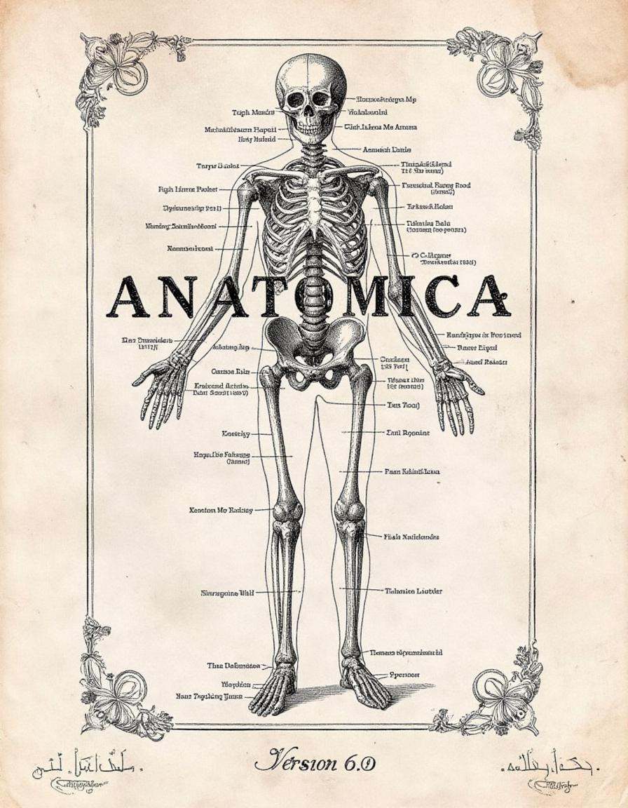 anatomica An anatomy engraving style piece of art featuring a full human skeleton with labels with text and lines pointing...