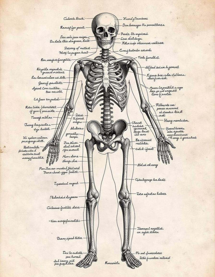 A drawing of a human skeleton with tons of handwritten notes in the margins that describe the anatomy and function of all...
