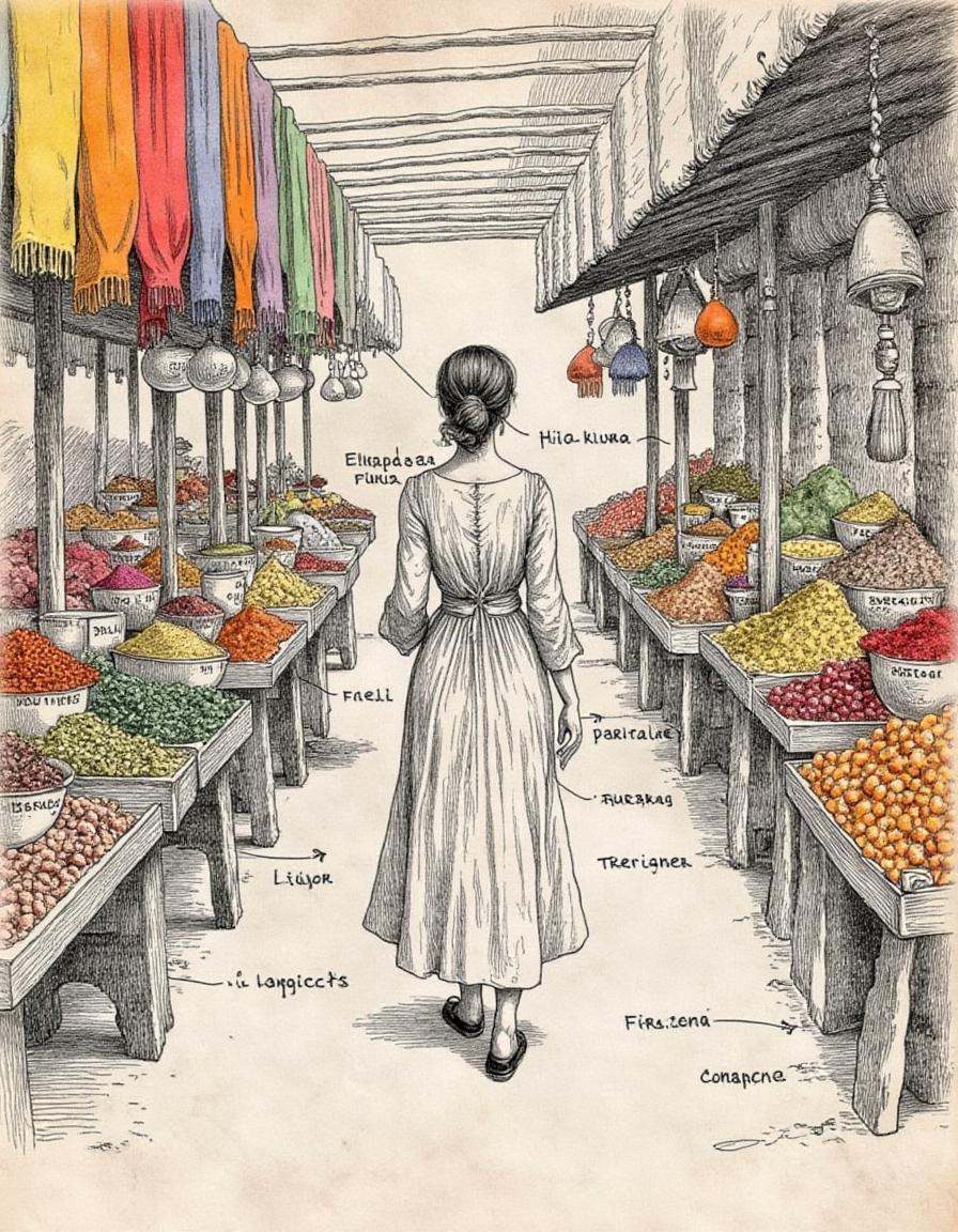 A drawing of a woman in a long dress walks through a vibrant marketplace,  examining stalls filled with exotic spices and...