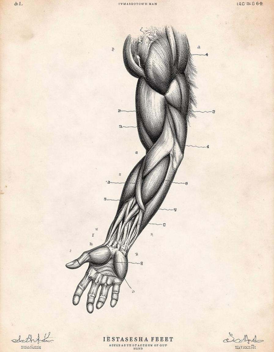 anatomica,  ,  A comprehensive anatomical drawing of the muscular system of a human arm on Tensor.Art