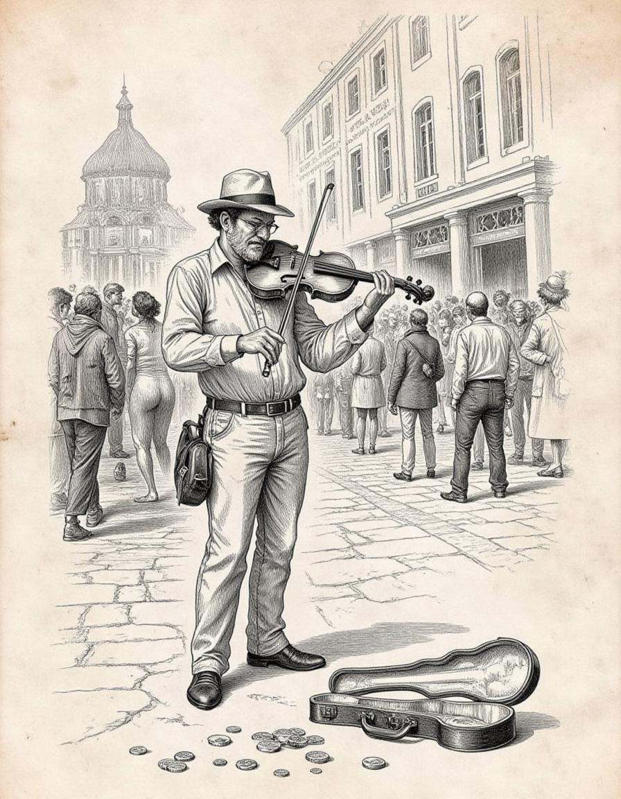 A drawing of a musician playing a violin on a busy street corner,  surrounded by a small crowd of onlookers. Coins clink i...