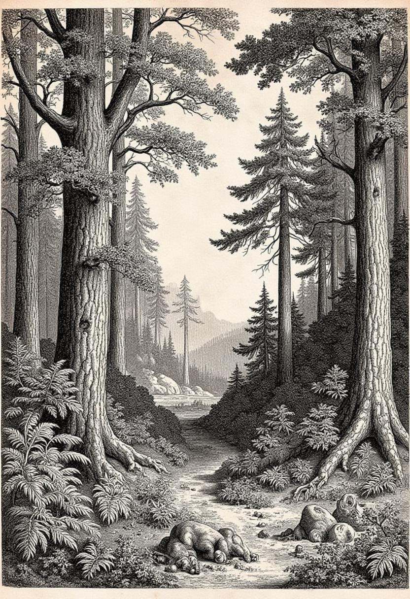 anatomica,  An illustration depicting a dense and intricate forest landscape,  created in the style of a vintage medical e...