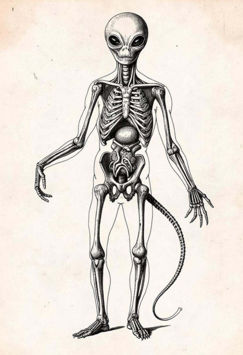 anatomica,  A fictional anatomical illustration of an alien life form,  designed in a vintage medical engraving style. The...