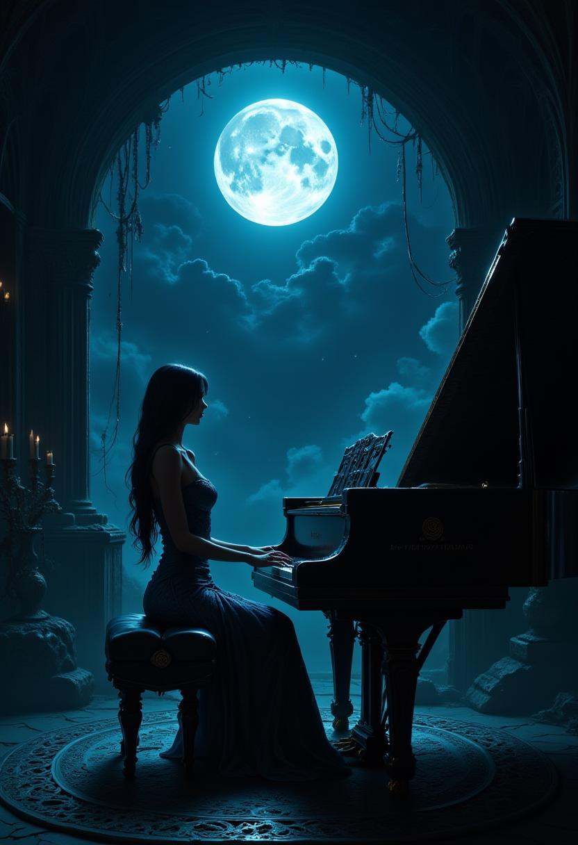 A woman playing a grand piano in a moonlit room.,  ,  best_of on Tensor.Art
