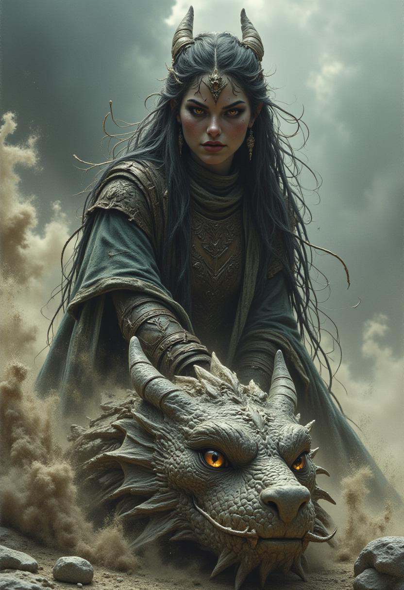 A young warrior with dark,  flowing hair crouches on the back of a massive stone dragon,  dust swirling around her as she...