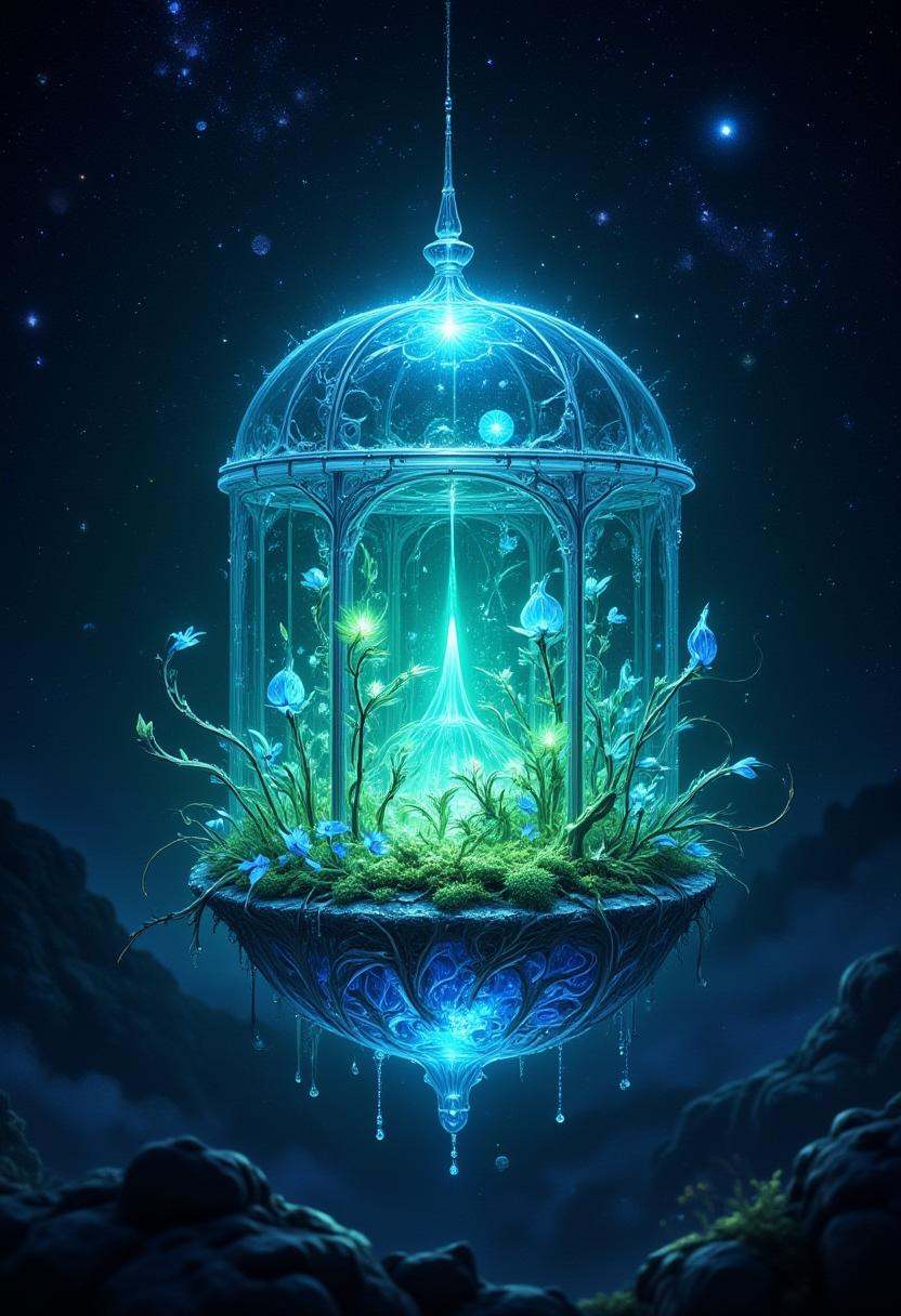 A miniature greenhouse floats within a vast cosmic void,  filled with luminescent plants whose leaves are made of pure lig...
