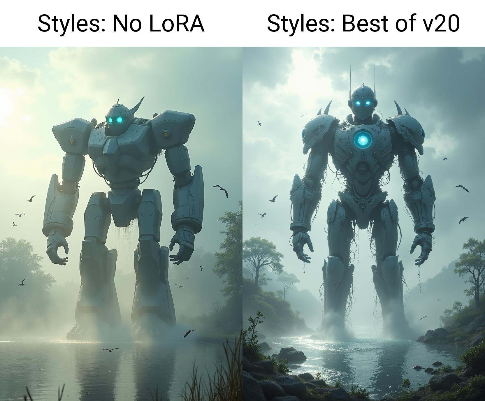A giant robotic titan emerging from a fog-covered lake at dawn,  water cascading off its massive,  armored limbs. Its eyes...