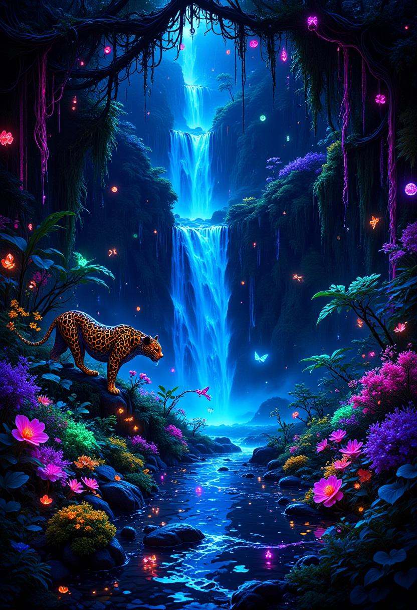An overgrown,  luminescent jungle at night where every plant and flower emits a neon glow in vibrant hues of electric blue...