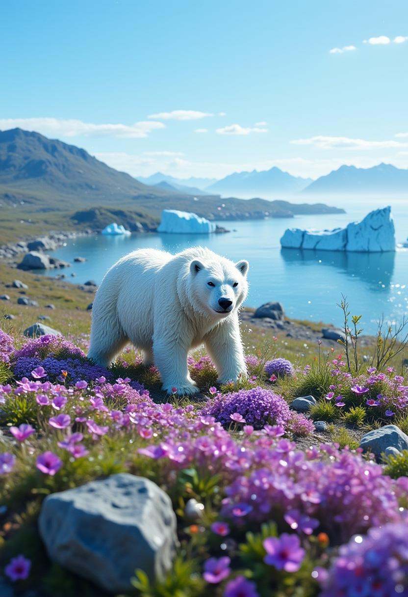 A vibrant arctic tundra during the brief summer bloom,  where bright purple saxifrage flowers dot the landscape against a...