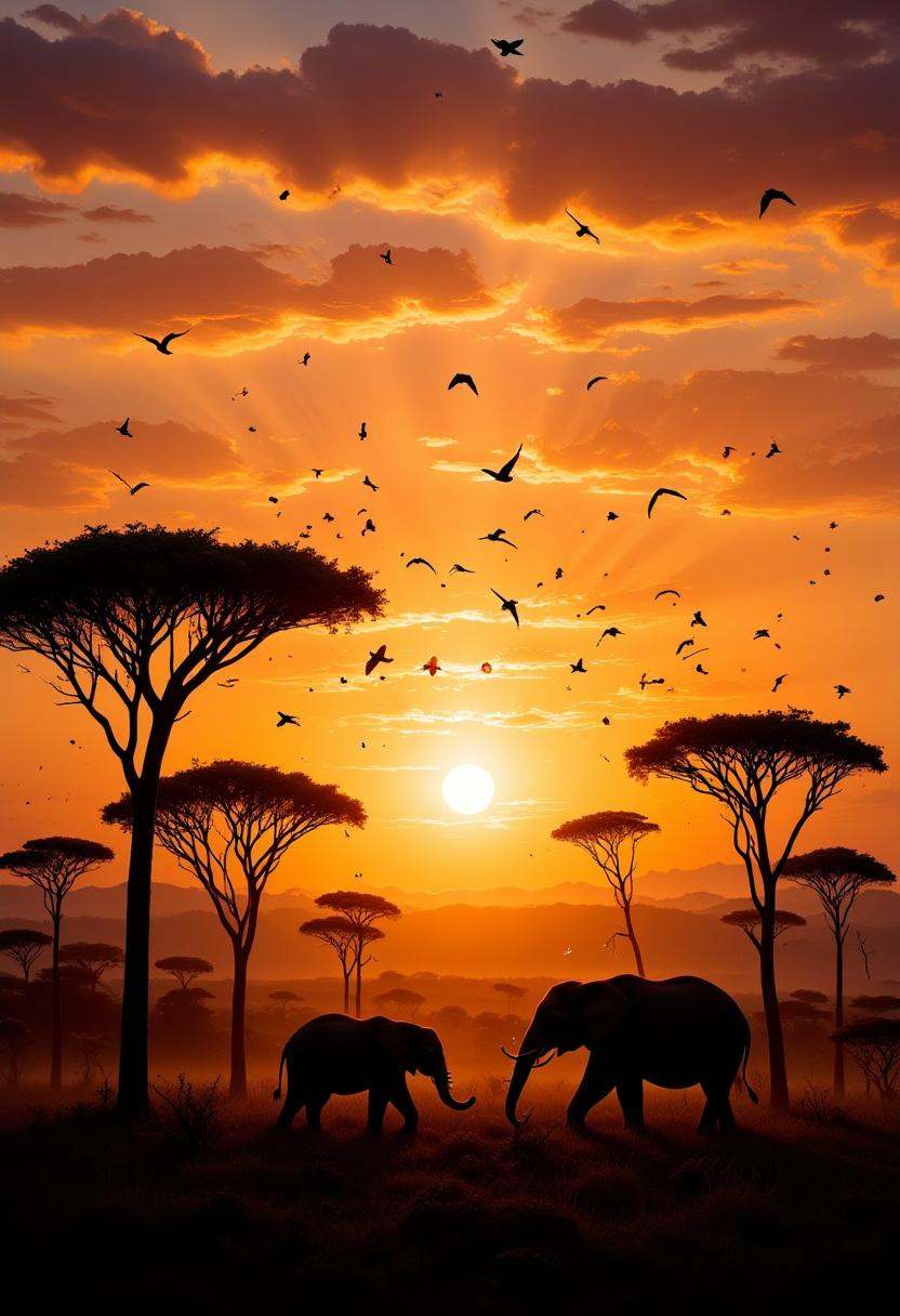 A golden savanna at sunset,  where a herd of elephants is silhouetted against a sky ablaze with oranges,  pinks on Tensor.Art