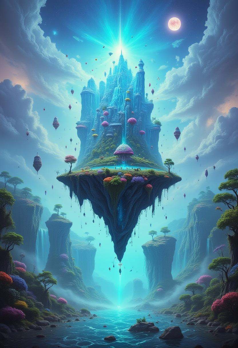 A surreal landscape with floating islands and waterfalls in the sky.,  ,  best_of on Tensor.Art