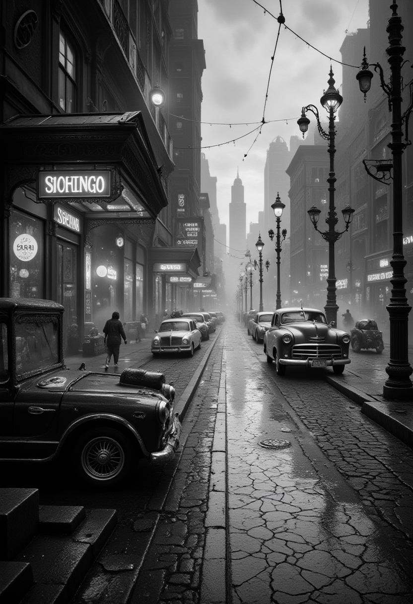 A black-and-white image capturing a bustling 1950s city street,  filled with vintage cars,  bustling pedestrians on Tensor...