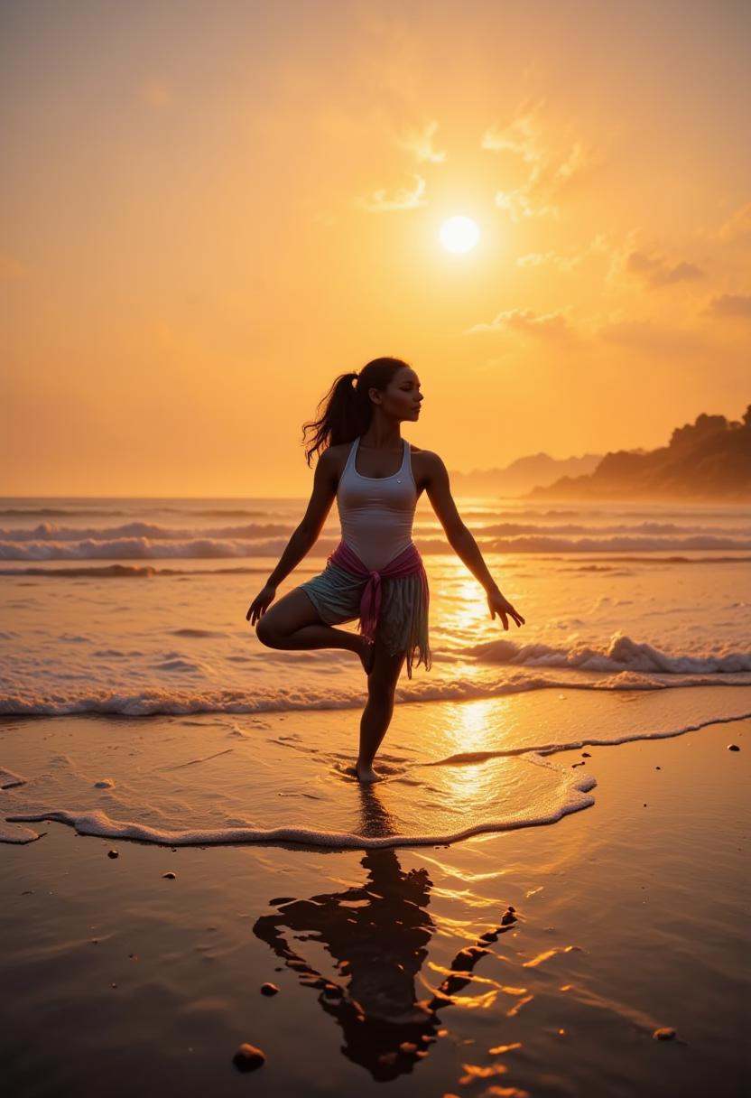 A woman practicing yoga at sunrise on a tranquil beach.,  ,  best_of on Tensor.Art