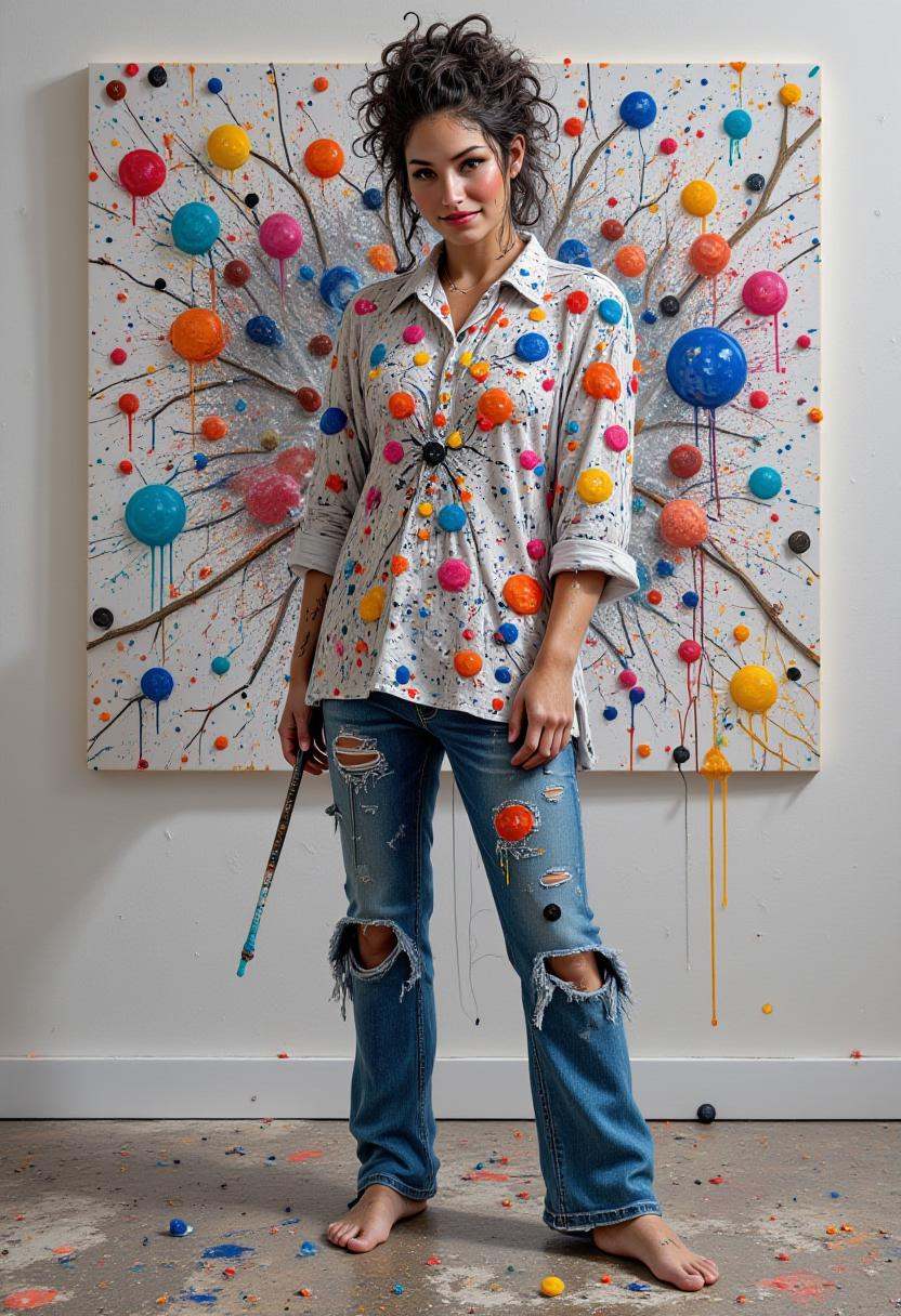 A female artist in her 40s,  wild curly hair tied back messily,  wearing an oversized shirt covered in paint on Tensor.Art