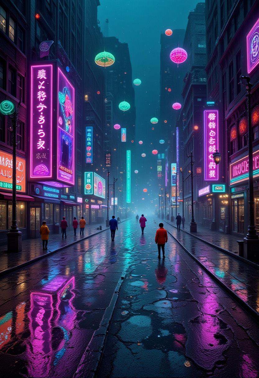 A bustling urban street during a rainstorm where raindrops fall upwards,  forming puddles on the undersides of floating um...