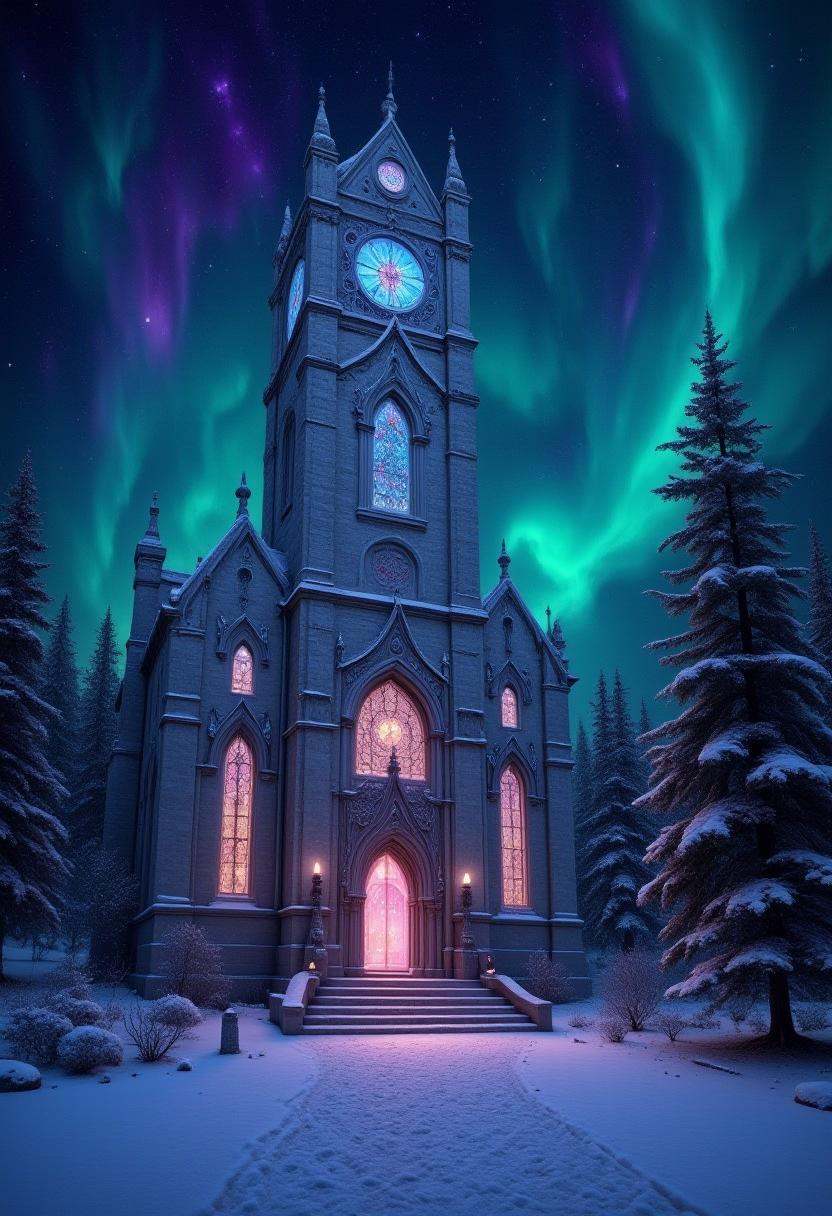 An ancient cathedral perched alone on a snowy hill,  bathed in the ethereal glow of the aurora borealis that fills the nig...