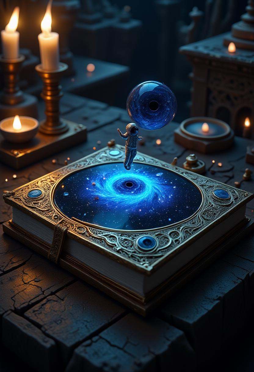 An ancient,  ornate tome lies open on a weathered wooden table,  its gilded pages unfurling into a swirling tapestry of co...