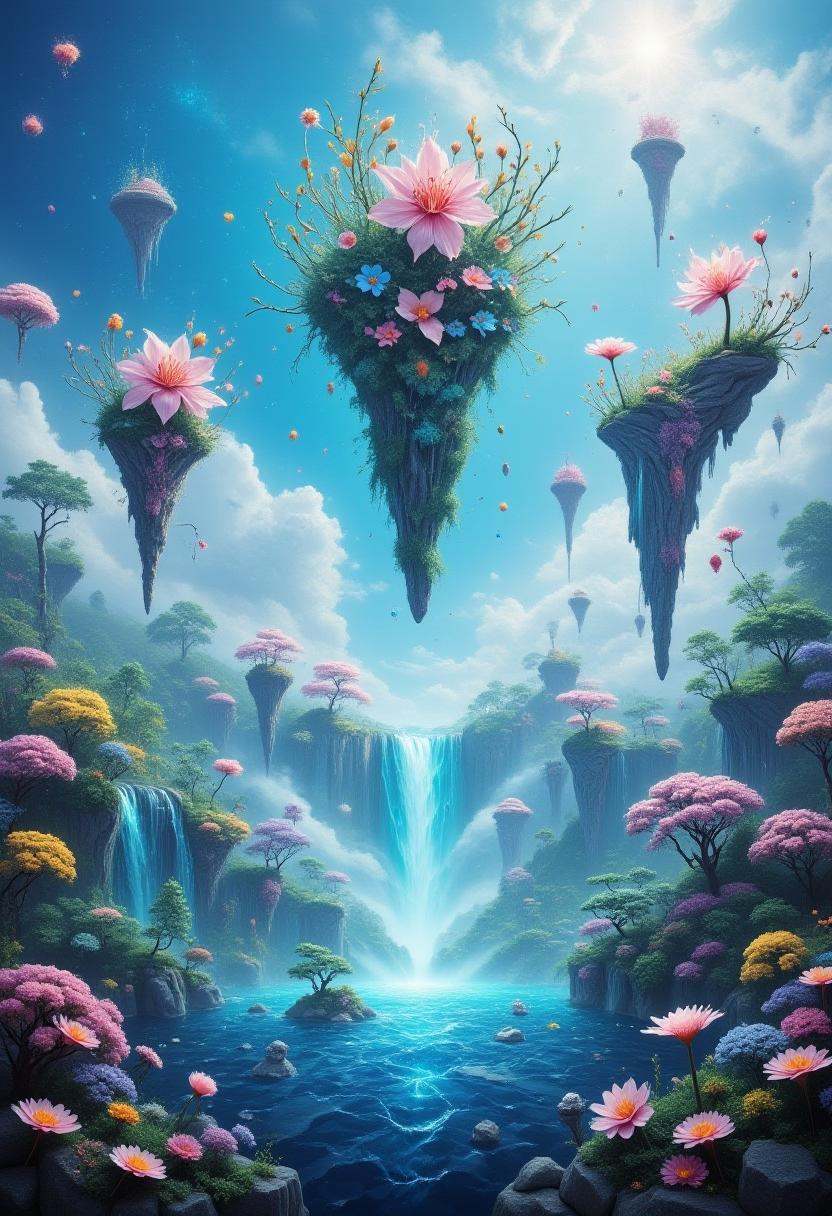 A surreal landscape with floating islands and waterfalls in the sky.,  ,  best_of on Tensor.Art