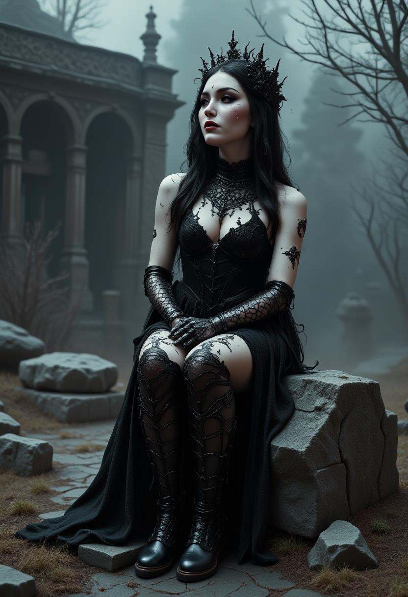 A young woman in her early 20s,  Gothic style,  with pale skin contrasted by dark on Tensor.Art