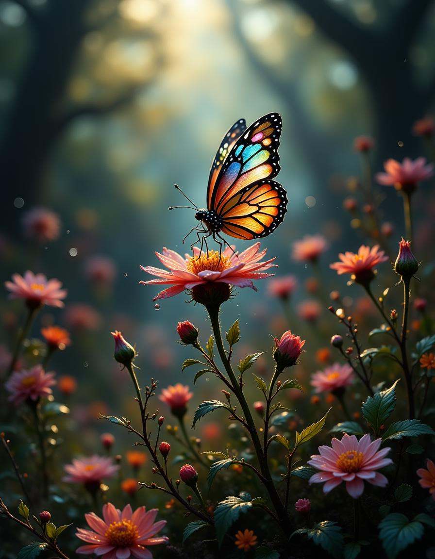 best_of,  ,  A delicate butterfly with glass wings perched on the tip of a blooming flower on Tensor.Art