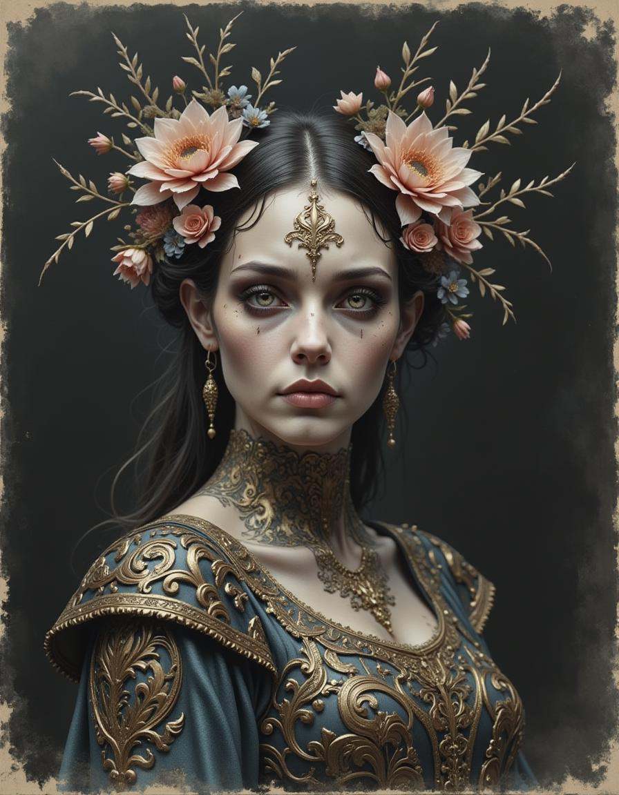 A portrait of a woman with hollow,  dark eyes. She has an elaborate updo with flowers and wears an ornate dress with intri...