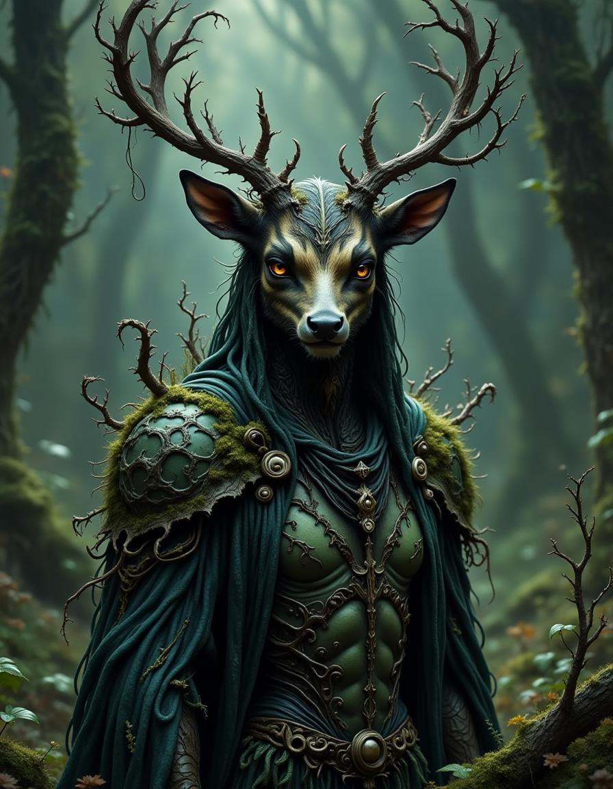 A humanoid figure with a deer's head,  adorned with intricate,  twisted antlers that blend seamlessly into the surrounding...