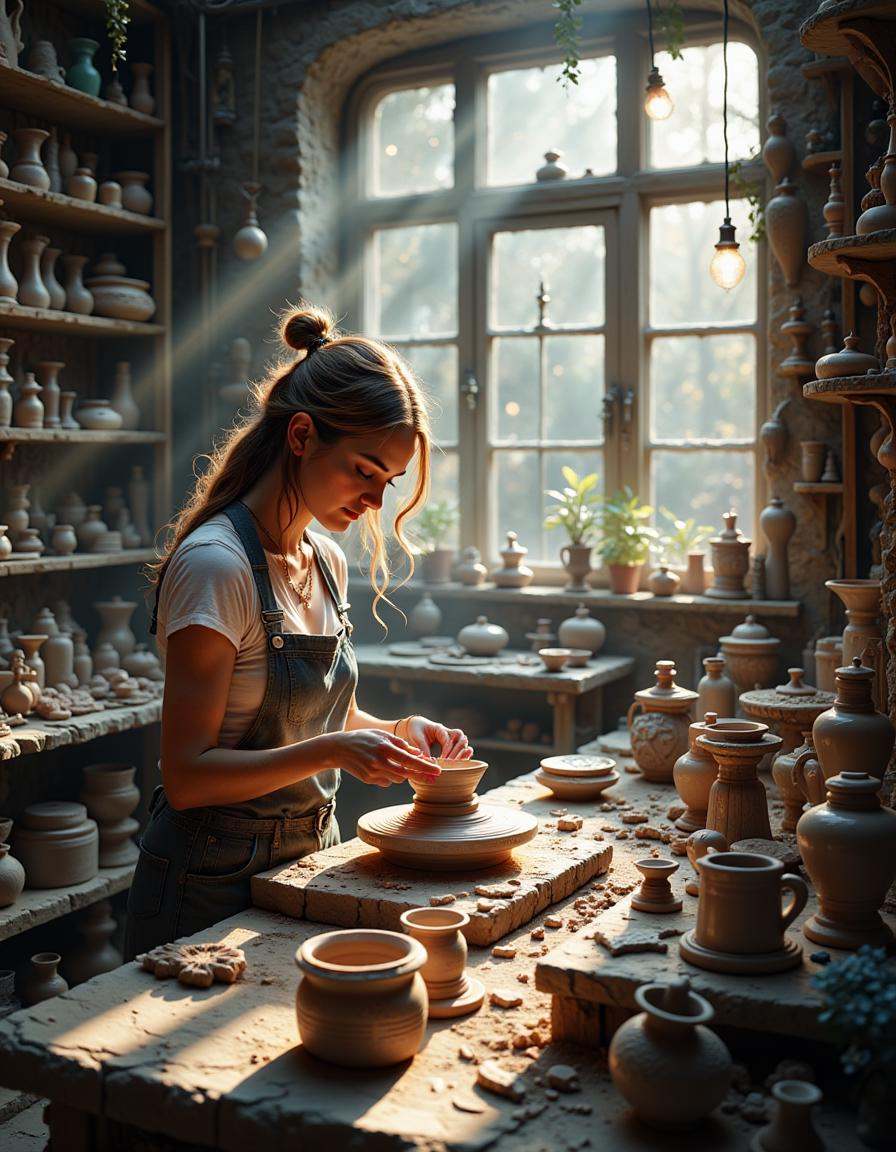 best_of,  ,  A woman crafting pottery in a sun-drenched studio. on Tensor.Art