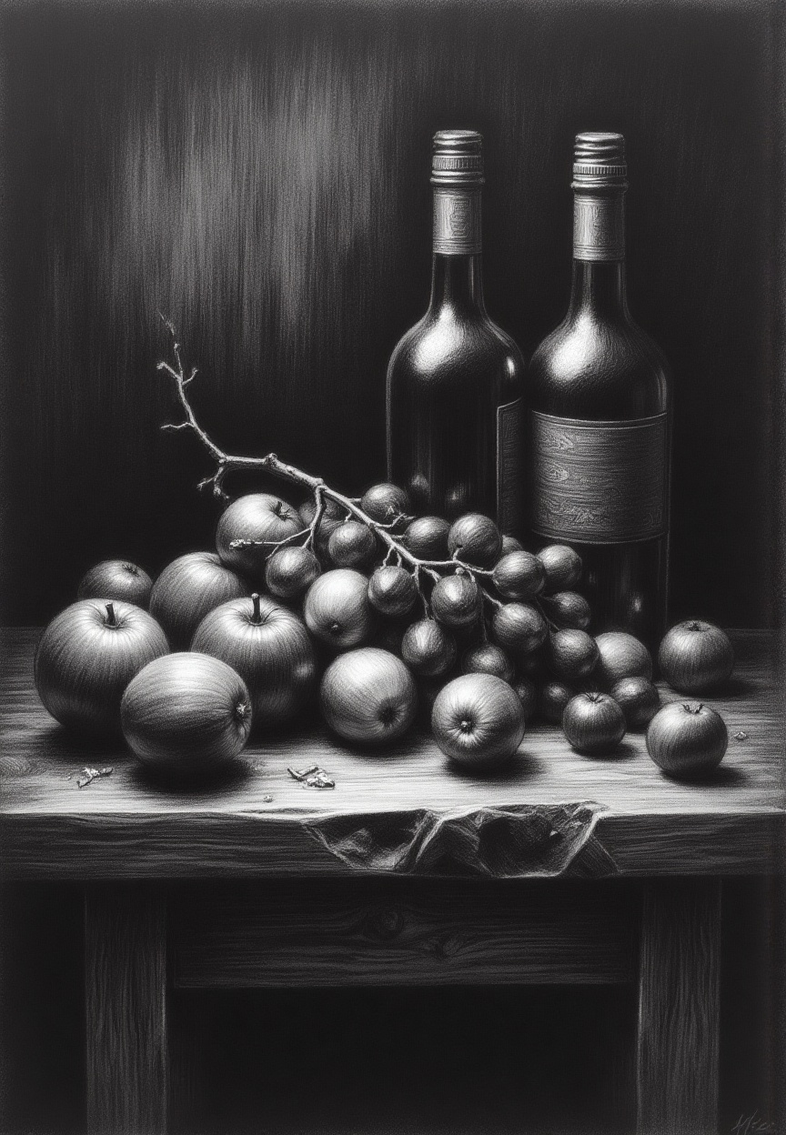 Charcoal illustration,  still life of a rustic wooden table with scattered fruits and a wine bottle,  chiaroscuro lighting...