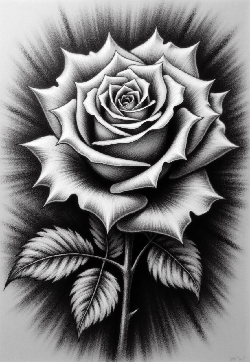 Charcoal sketch,  a close-up of a blooming rose,  delicate petals on Tensor.Art