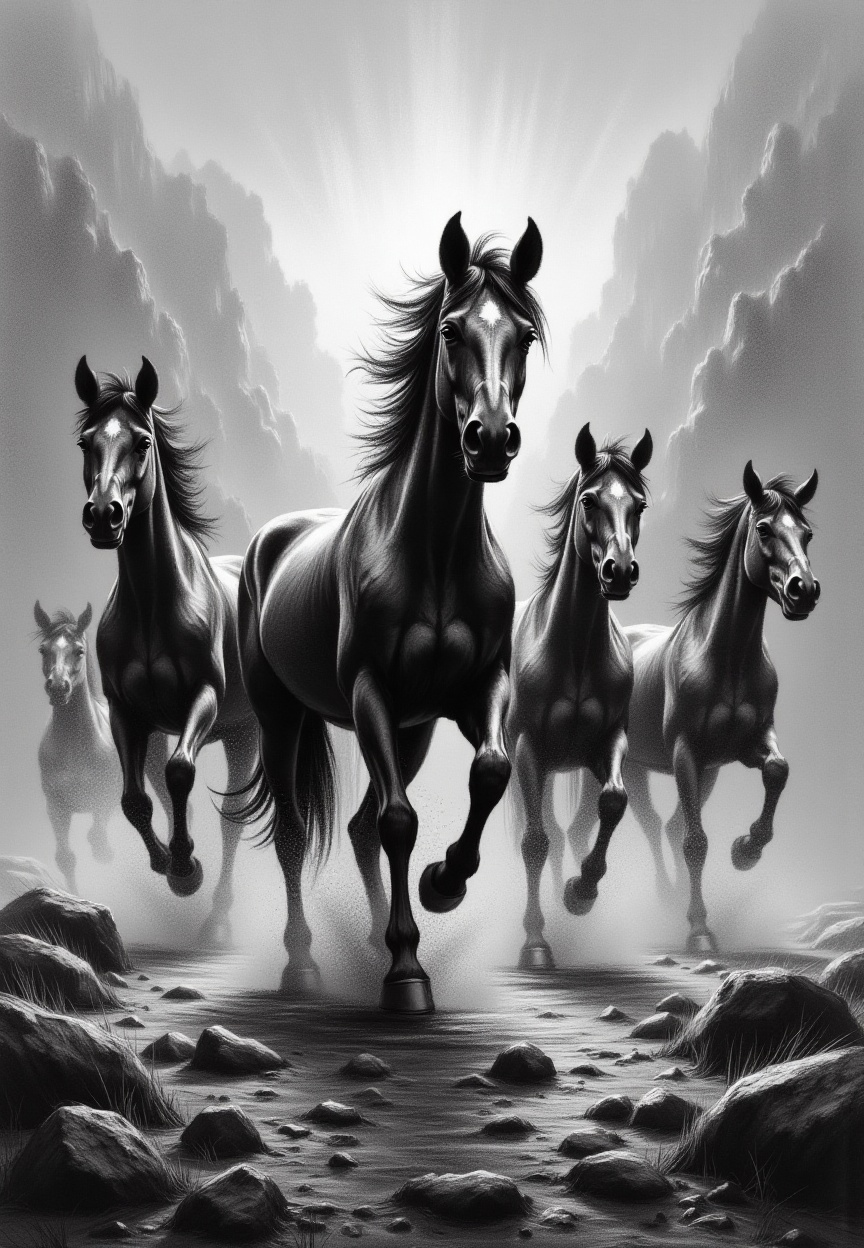 Charcoal art,  a group of wild horses running across a dusty plain,  sense of motion on Tensor.Art