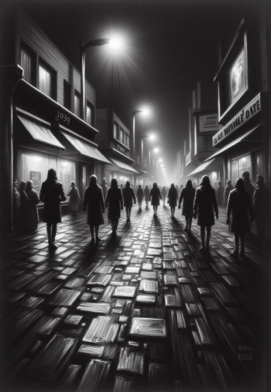 Charcoal drawing,  a bustling city street scene at night,  rain-slicked pavement reflecting the lights on Tensor.Art