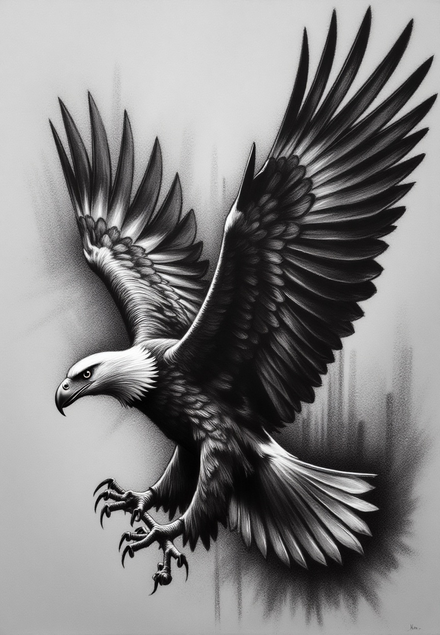 Charcoal art,  a majestic eagle in flight,  wings spread wide on Tensor.Art
