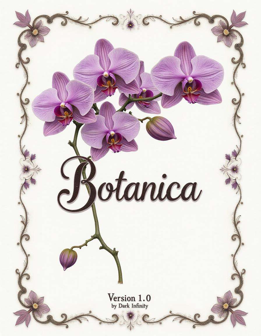 bontanica,  an illustration of purple orchids with "Botanica" in a large,  neat handwritten script in a place of dominance...