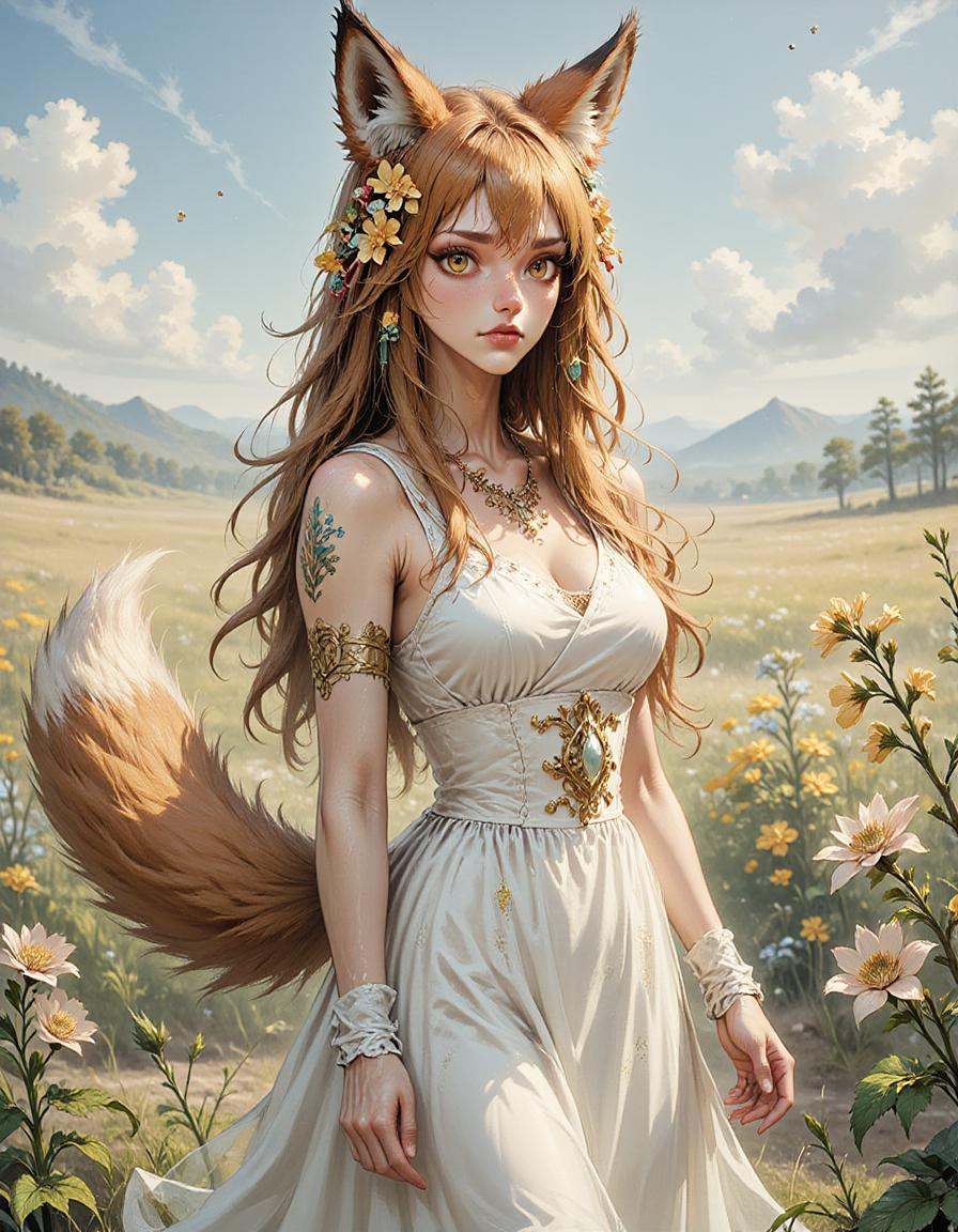 A kitsune woman,  A highly detailed and realistic digital painting of a kitsune with fox ears and a fox tail standing in a...