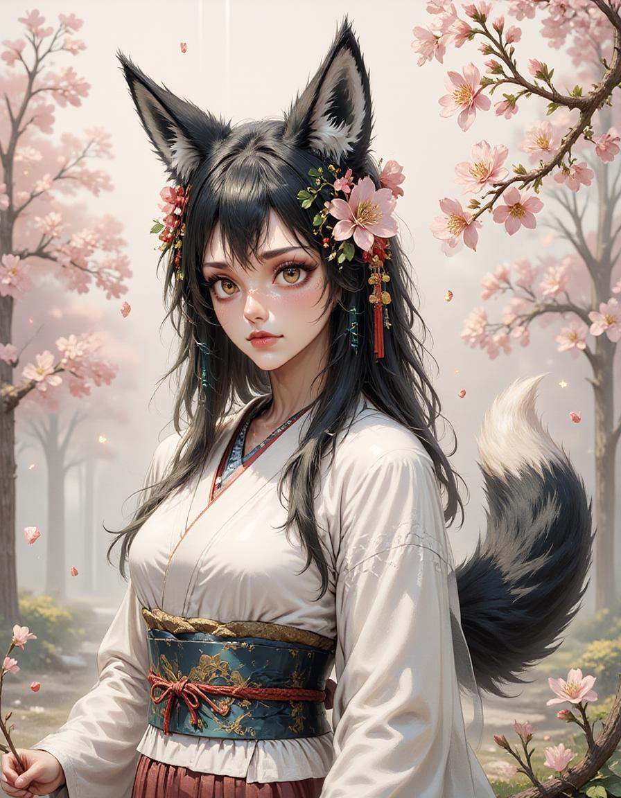 A kitsune woman,  1girl,  long hair on Tensor.Art