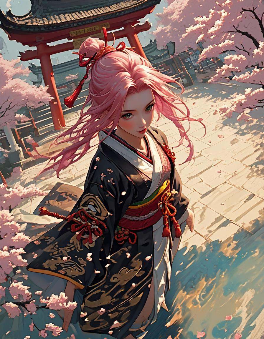 best_of,  Beautiful girl with long pink hair,  wearing a traditional kimono on Tensor.Art