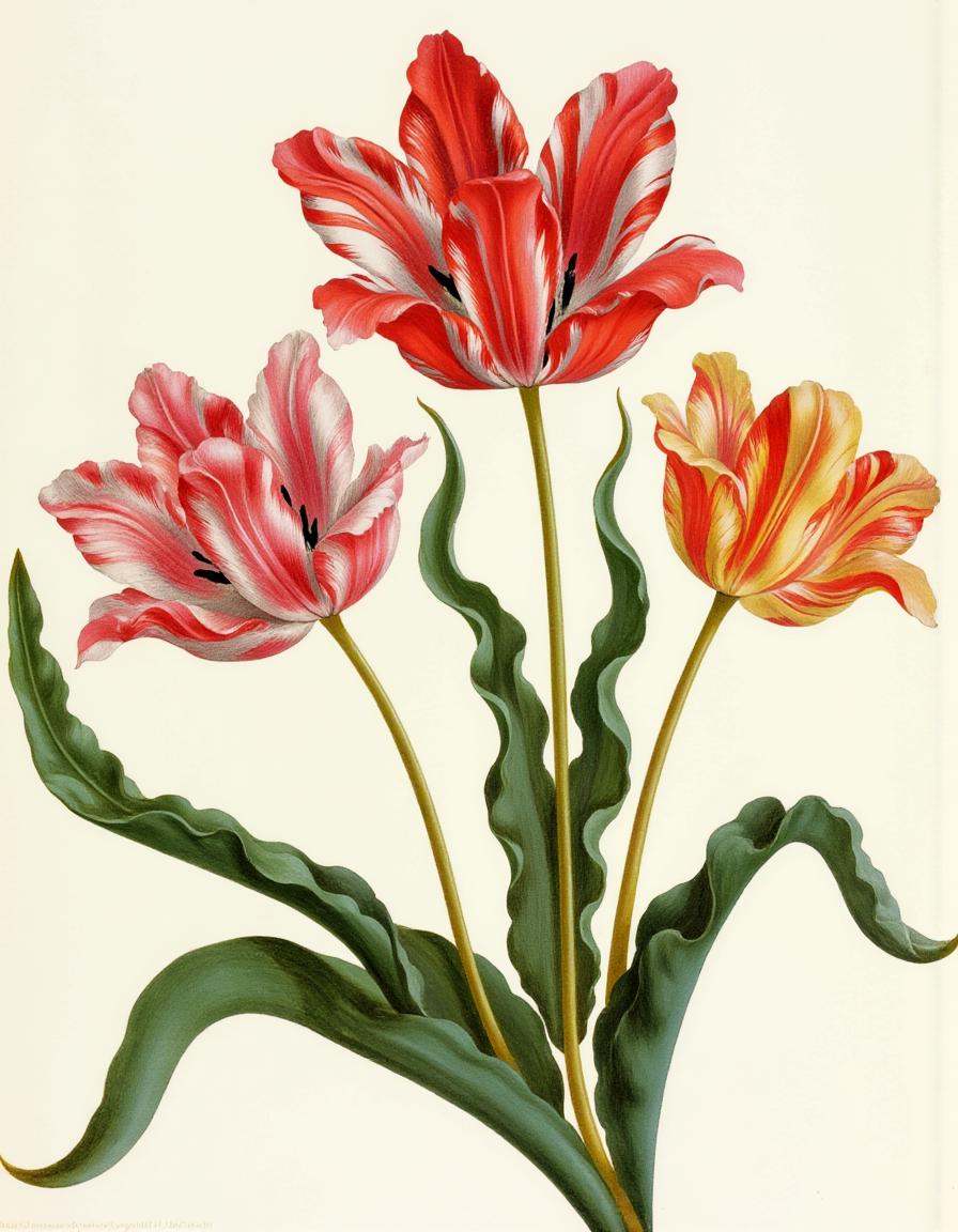 a bontanica style illustration,  Vibrant tulips in full bloom on Tensor.Art