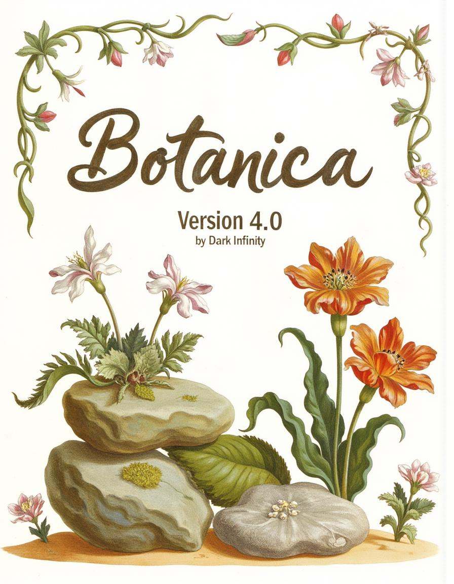 a bontanica illustration,  "Botanica" in a large,  neat handwritten script in a place of dominance in the center. "Version...