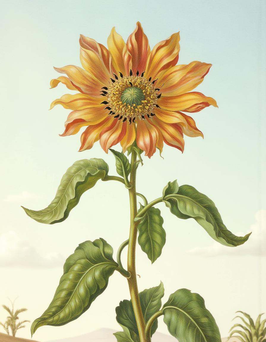 a bontanica style illustration,  Single sunflower facing the sky on Tensor.Art