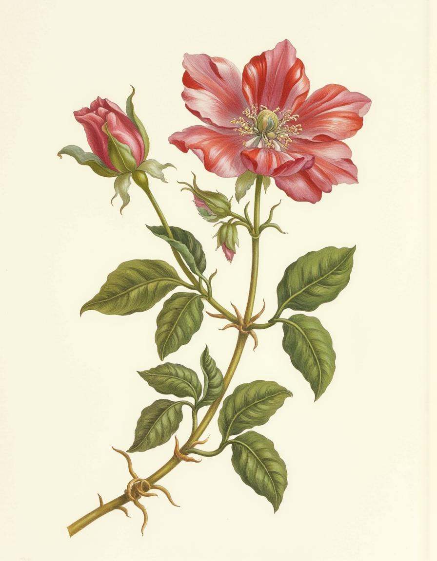 a bontanica style illustration,  Budding rose surrounded by thorns on Tensor.Art