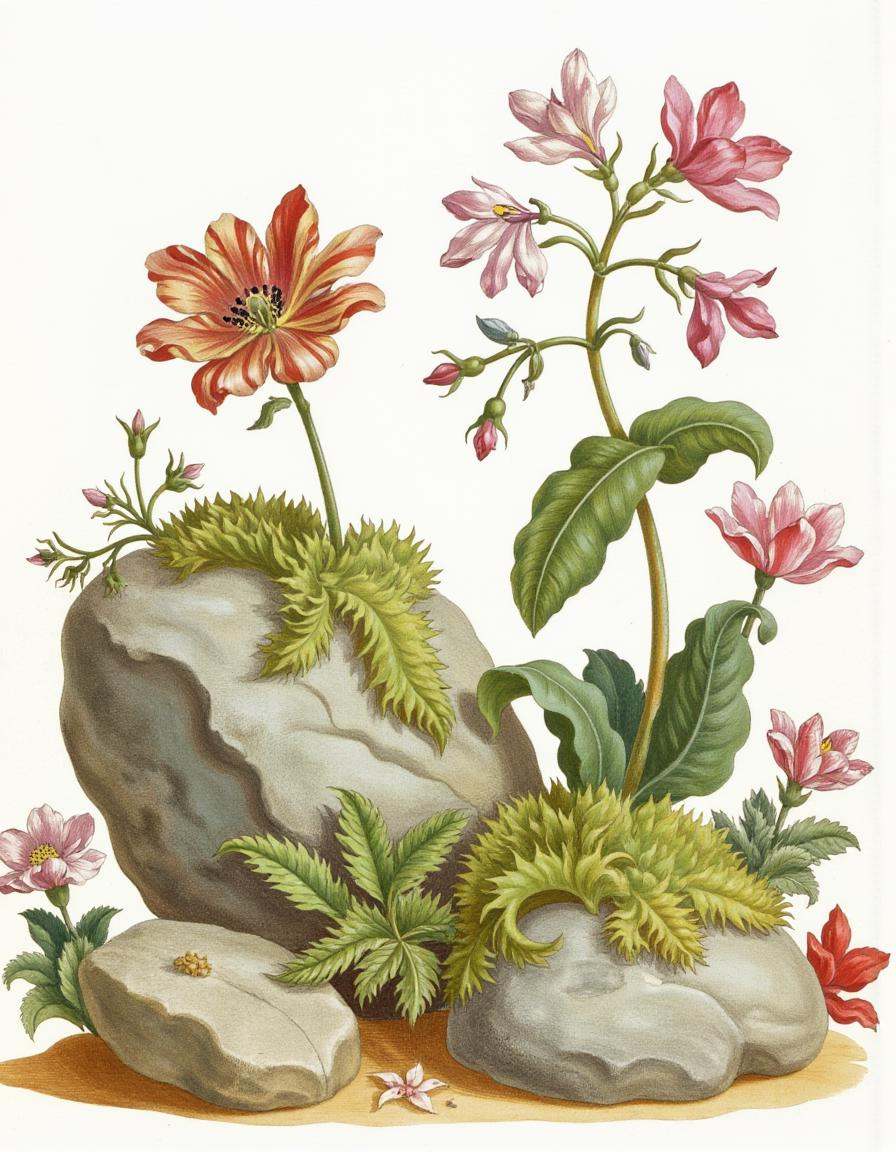 a bontanica style illustration,  Moss-covered rocks with tiny flowers on Tensor.Art